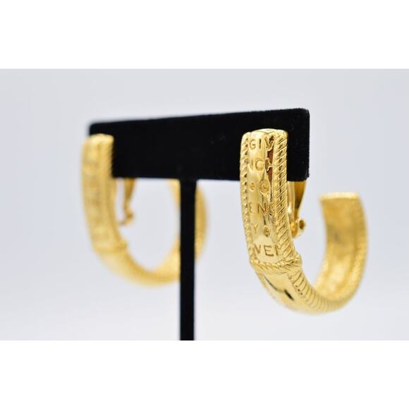Givenchy Vintage Clip Pm Earrings Chunky Hoop Gold Logo Letters Signed 80s BinAB - Picture 2 of 11